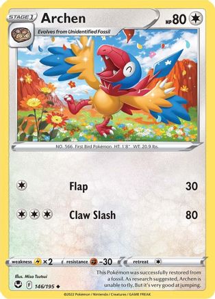 Archen 146/195  - Reverse Holofoil SWSH12 Silver Tempest - Uncommon