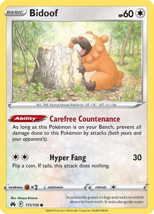 Bidoof 111/159  - Reverse Holofoil Crown Zenith - Common